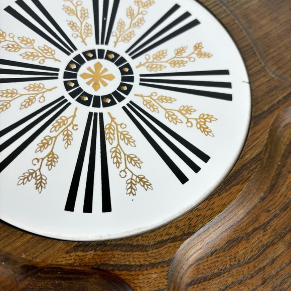 Lazy Susan Walnut Wood Gold Wheat Tile 14” Tabletop Turntable MCM Serving Tray - Picture 3 of 16